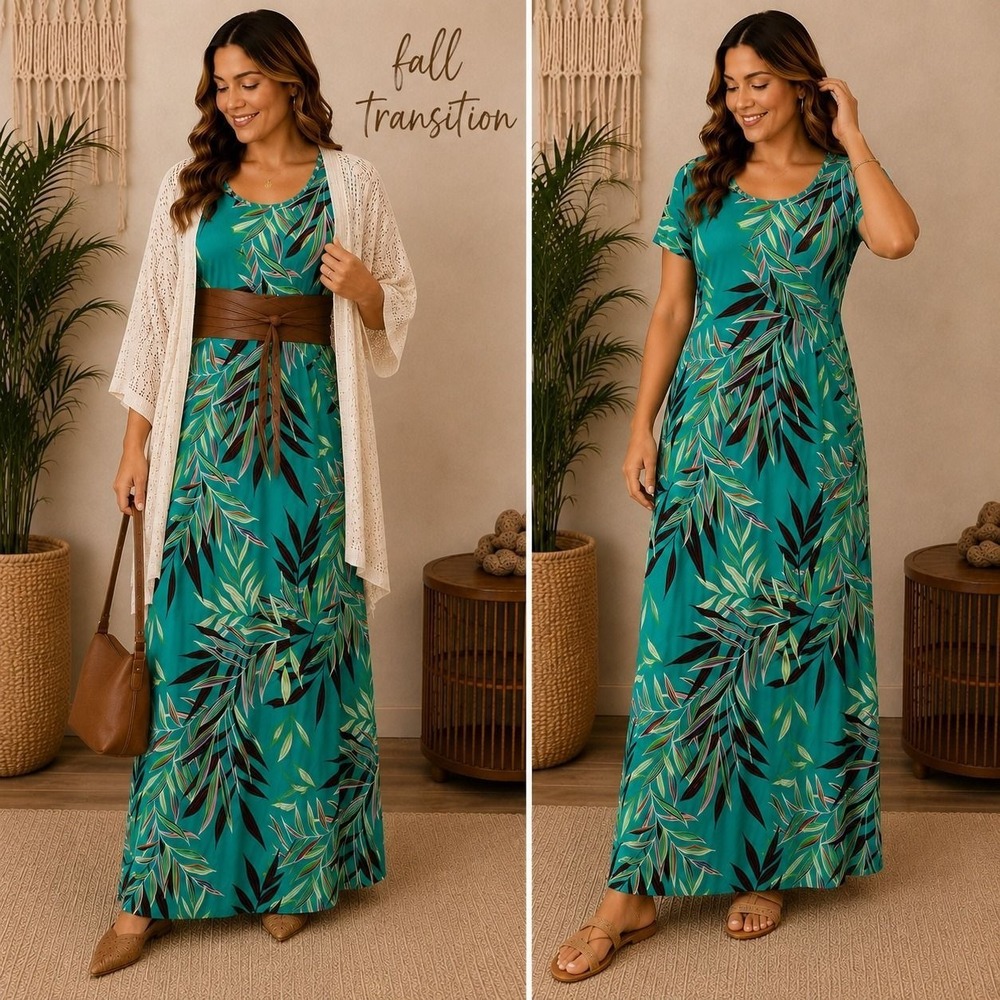 XL 96 a:glow Maternity Tropical Maxi Dress | Teal Leaf Print | Boho Resort